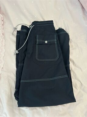 MacGirl Rave Y2K Black Drawstring Cargo Pants with Contrast Stitching